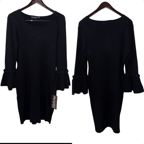 NINA LEONARD | Ribbed Knit Bell Sleeve Sweater Above- Knee Round Neckline Dress - Picture 9 of 16